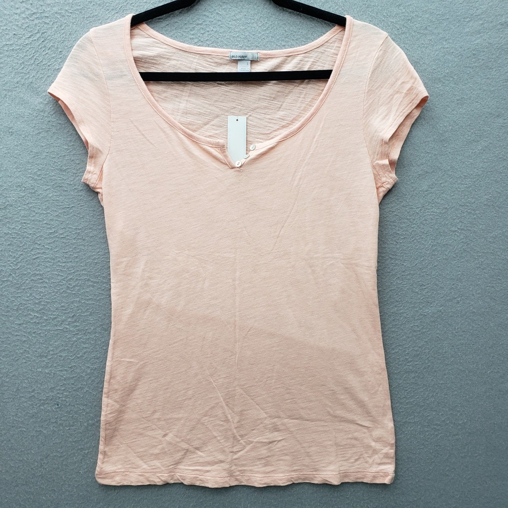 Old Navy Cotton V-Neck Tee Shirt Pale Pink Button Neck Burnout 100% Cotton L NWT